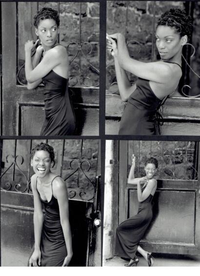 Black-and-white photos of a woman in a sleek dress posing playfully near a wrought-iron gate.