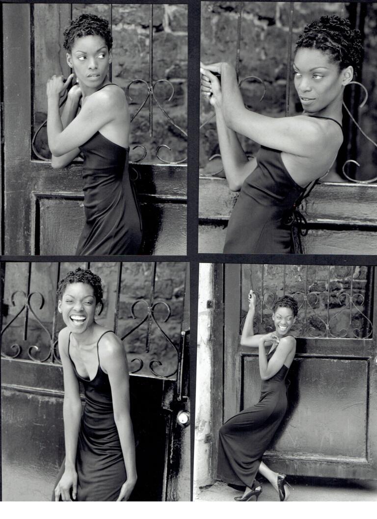 Black-and-white photos of a woman in a sleek dress posing playfully near a wrought-iron gate.