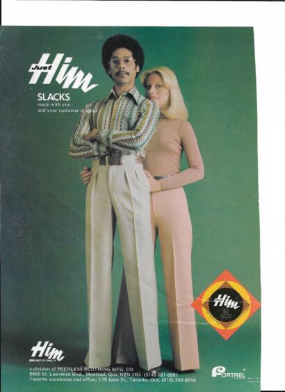 Retro fashion advertisement featuring two models in 1970s-inspired attire, promoting slacks.