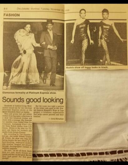 Vintage 1986 newspaper page featuring fashion show with models in black, sheer, and leopard-print tights.