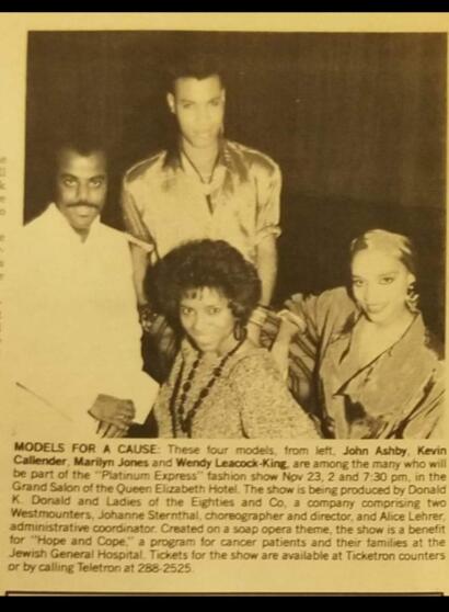Black-and-white photo of four models from the 1980s, including John Ashby and Wendy Leacock-King.