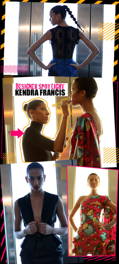 Fashion models backstage at a runway show, showcasing designer Kendra Francis' collection.