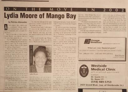Lydia Moore, a young woman, featured in a newspaper article about her career in the Caribbean restaurant industry.