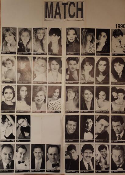 Black and white page with headshots of models and actors, featuring their names and ages, from a 1990 fashion modeling selection.