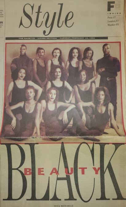 Vintage newspaper photo featuring a diverse group of women in black dresses, posing confidently for a fashion feature, 1994.