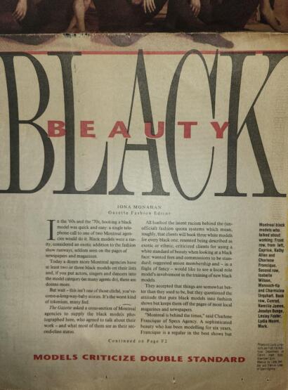 Close-up of a fashion magazine page featuring the headline "BEAUTY" with a black and red design and an article about Montreal black models.