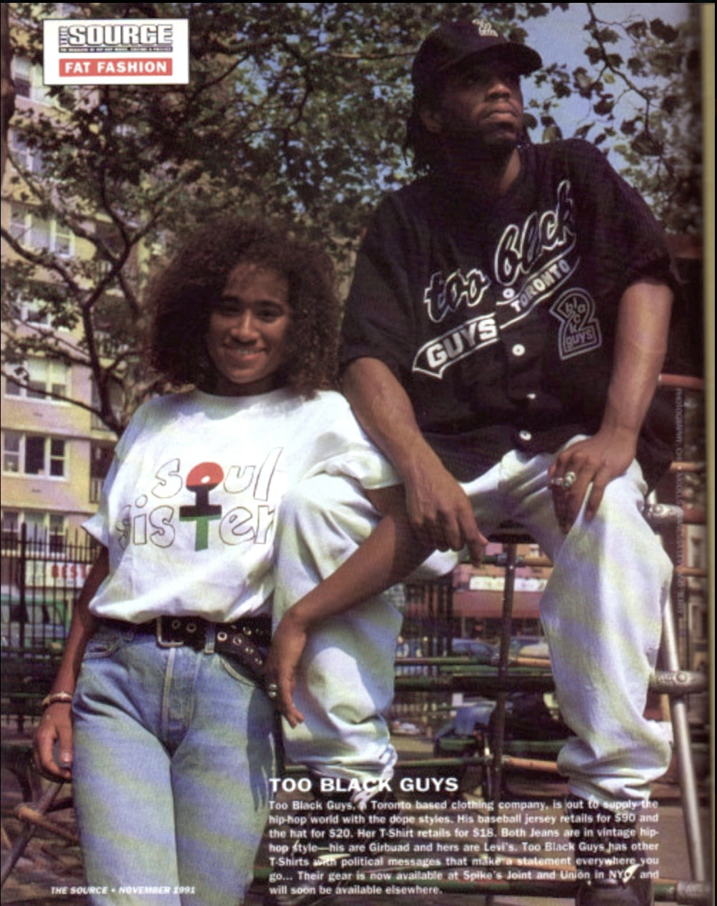 Two models showcase vintage-inspired streetwear, highlighting bold graphic tees and relaxed jeans.