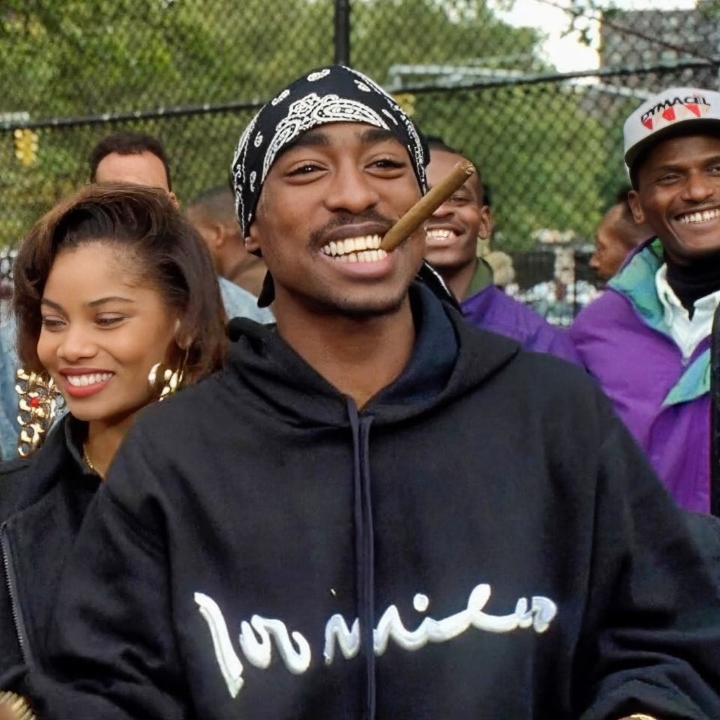 Group of smiling friends outdoors, one with a cigar in their mouth, wearing casual streetwear.