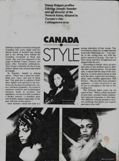 Black-and-white magazine page with articles on Canadian hair style trends, featuring photos of models with curly and wrapped hair.