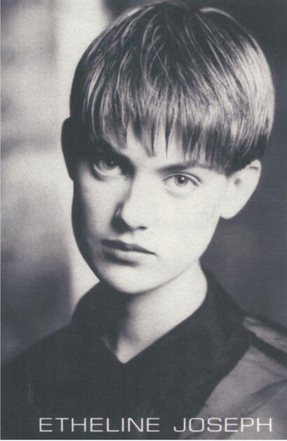 Black-and-white portrait of a young person with a modern hairstyle, labeled "Etheline Joseph."