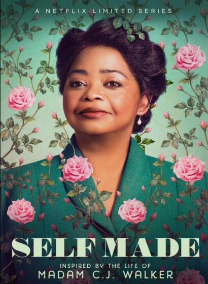 Portrait of Madam C.J. Walker surrounded by pink roses and green foliage, promoting the Netflix limited series "Self Made."
