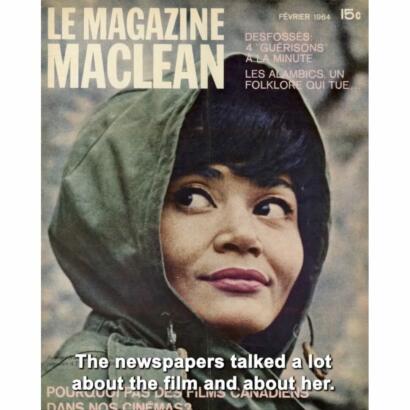 Vintage February 1964 cover of Le Magazine Maclean featuring a woman in a hooded jacket, with a quote about newspapers and films.