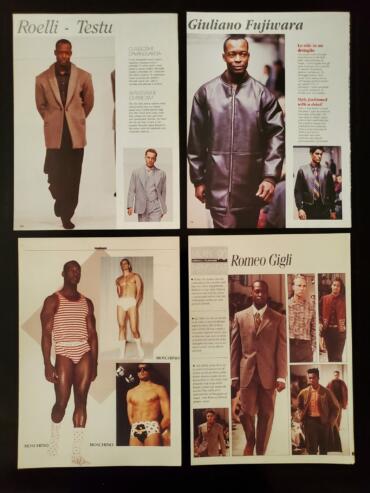 Fashion magazine page featuring men's style styles by Roelli Testu, Giuliano Fujiwara, Moschino, and Romeo Gigli.