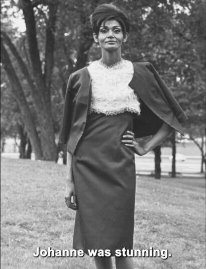 Black-and-white portrait of a woman in elegant vintage fashion outdoors, with the caption "Johanne was stunning."