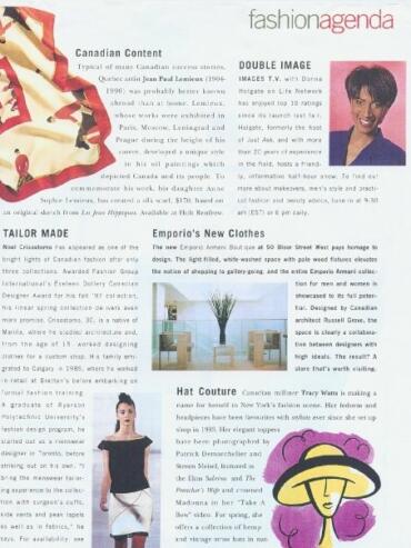 A young woman smiling, wearing a stylish purple hat with a wide brim, in a magazine fashion spread.