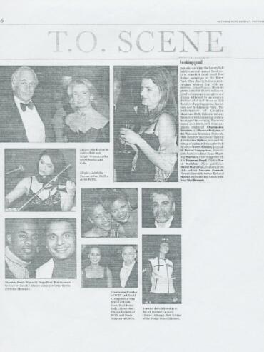 Black-and-white page from a newspaper featuring scenes from a theatrical event, including people in formal and casual attire.