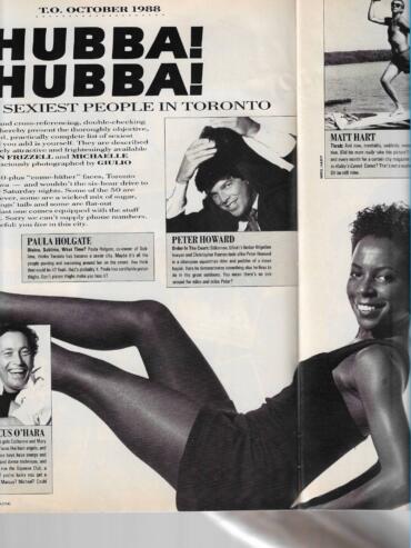 Classic black and white magazine page featuring a confident woman in athletic wear, alongside profiles of Peter Howard and Matt Hart.