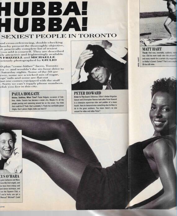 Classic black and white magazine page featuring a confident woman in athletic wear, alongside profiles of Peter Howard and Matt Hart.