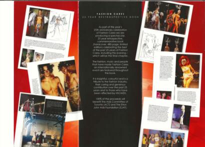 A layout of pages from the "Fashion Cares" 25-year retrospective book featuring photos of runway shows, models, and behind-the-scenes moments.