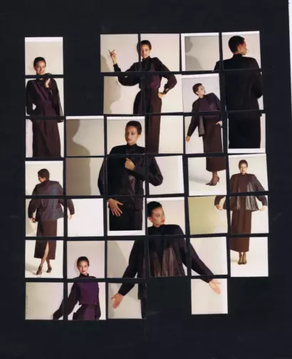 Collage of models in elegant dark-toned fashion against a black background.
