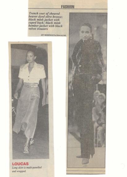 Black and white fashion photos of women in stylish outfits, featuring a shearerd beaver trench coat and wide-leg skirt.