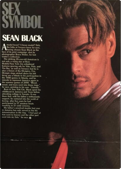 Profile of model Sean Black for a fashion feature on a magazine page.
