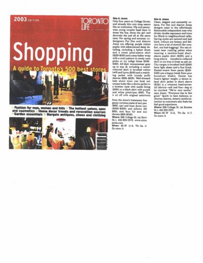 Cover of a 2003 Toronto shopping guide magazine featuring images of busy streets, storefronts, and shoppers.