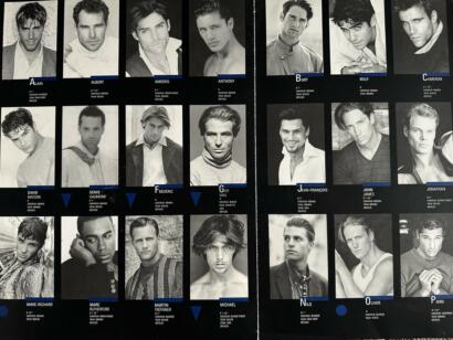 Black and white headshots of male models in a fashion lineup, each with name, height, and hair color details.