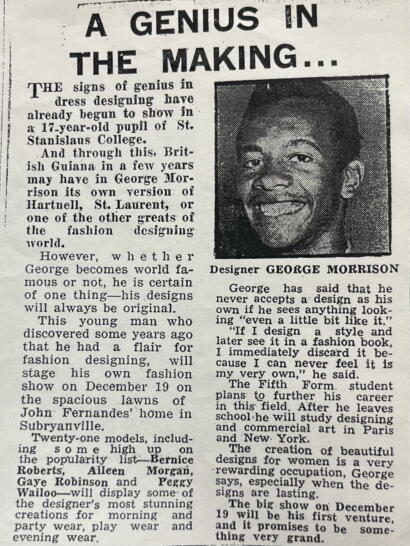 Black-and-white newspaper clipping featuring George Morrison, a young fashion designer known for his original styles and upcoming show.