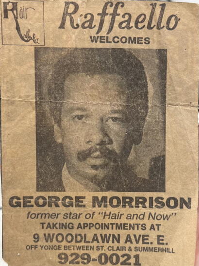 Vintage newspaper headline announcing George Morrison, former star of "Hair and Now," taking appointments in front of a textured brown background.