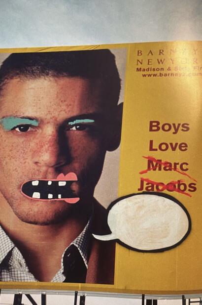 Poster of a young man with sticker eyes and mouth, featuring mixed text about boys and Marc Jacobs.