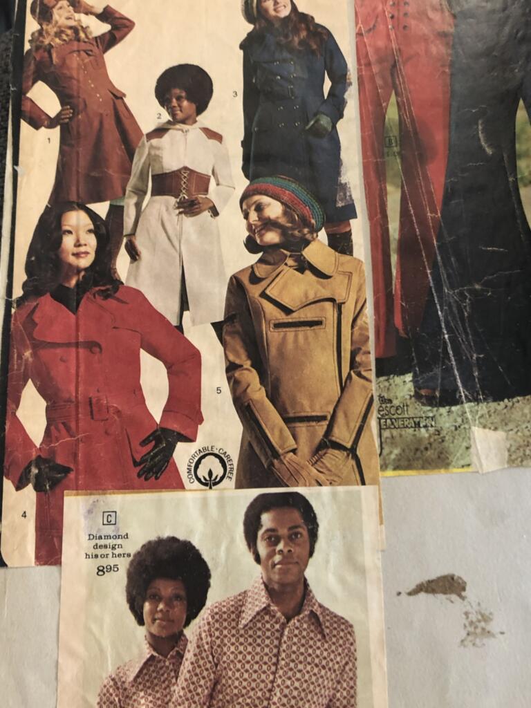 Vintage fashion catalog featuring women’s coats and men's shirts, showcasing 1970s styles.