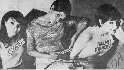 Black and white photo of three women models with short hairstyles, wearing name tags.