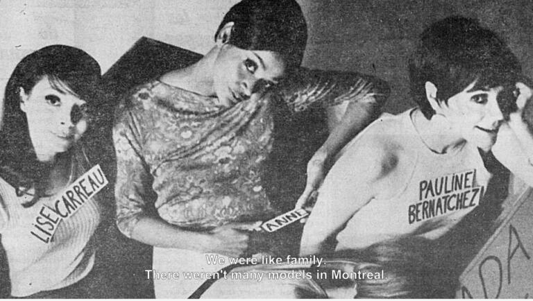 Black and white photo of three women models with short hairstyles, wearing name tags.
