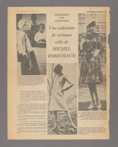 Vintage newspaper clipping featuring elegant fashion designs and a woman modeling a dress.