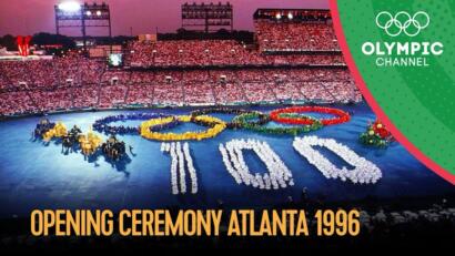 Opening ceremony at the 1996 Atlanta Olympics featuring a colorful display of the Olympic rings.