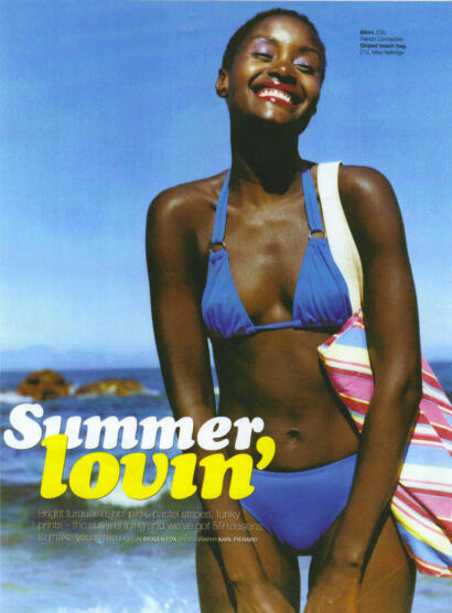 Smiling woman in a blue bikini on a beach with striped beach bag, titled "Summer, loun'."