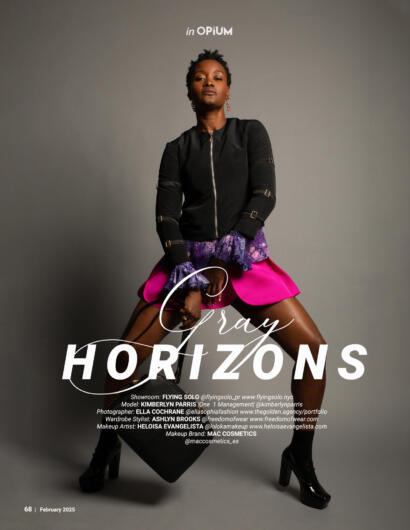 Fashion-forward model Kimberly Parris wearing vibrant pink and purple layered outfits.