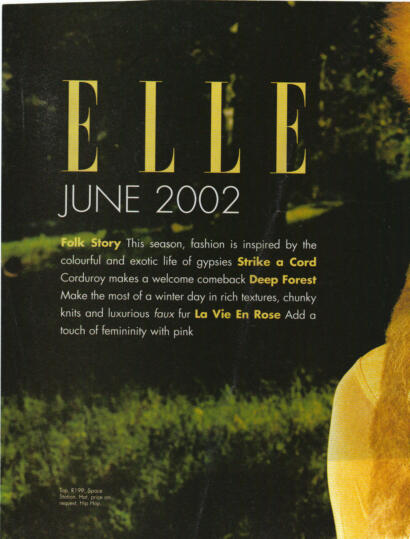 Elle magazine June 2002 cover with fashion-inspired text and a partial view of a yellow garment.
