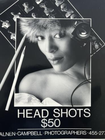 Black-and-white promotional poster featuring a woman's portrait with headshot photography services, priced at $50.