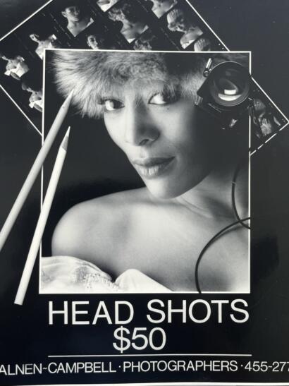 Black-and-white promotional poster featuring a woman's portrait with headshot photography services, priced at $50.