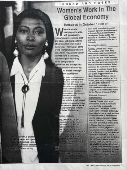 Black and white photo of Jessica Bowden, a professional and owner at Borderline Fashions, at a Women's Economic Independence event.