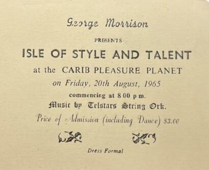 Vintage event invitation for an Isle of Style and Talent show on August 20, 1965, at the Caribbean Pleasure Planet, featuring music by Telstars String Ork.