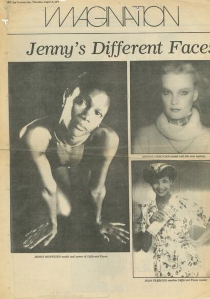 Black-and-white vintage newspaper page featuring Jenny Monteith, Minnie Desloges, and Jean Fleming with different facial expressions and styles.