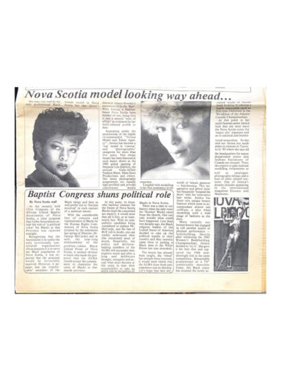 Black and white newspaper clipping featuring two portraits of a young female model with short, curly hair.