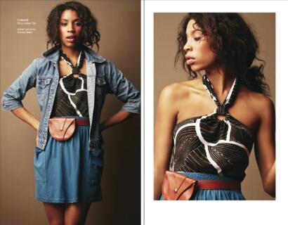Fashion model wearing a printed halter top accessorized with a leather pouch by Susana Erazo.