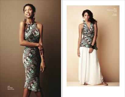 Two women showcase stylish printed geometric patterned dresses and tops, styled with accessories.