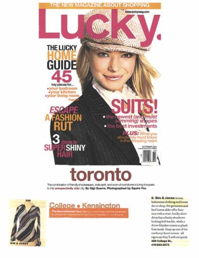 Cover of Lucky magazine, featuring a smiling woman in a plaid cap and dark outfit, with bold headlines about fashion and shopping tips.